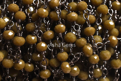 3,10,50 feet Hina Green Jaspar Hydro Rondelle Faceted Beads Rosary Chain Black Wire Jewelry Making Gunmetal Chain 3-3.5 mm Bulk Roll Chains