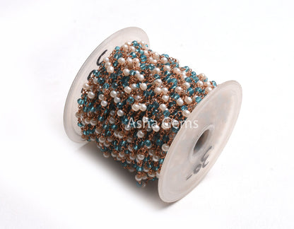 3,5,10,25,50Feet White Pearl, Blue Topaz Hydro Beads Rosary Chain Rondelle Beaded Rose Gold Plated Copper Wire Wrap Jewelry Making Chain 3mm