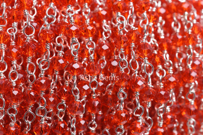 Beautiful Cherry Red Quartz Hydro Faceted Rondelle Beads Rosary Chain Silver Plated Wire Beaded Chain 1,5,10,50 Ft Bulk Supply Jewelry Chain