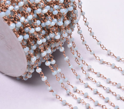 AAA Beautiful Aqua Chalcedony Hydro Faceted Rondelle Beads Rosary Chain,3 mm Rose Gold Plated Copper Wire Wrap Chain Jewelry Making Necklace