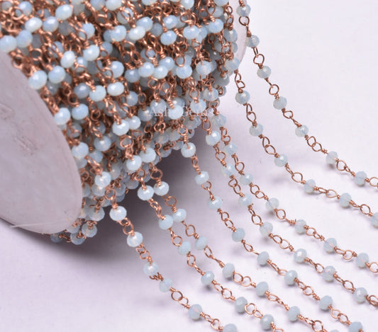 AAA Beautiful Aqua Chalcedony Hydro Faceted Rondelle Beads Rosary Chain,3 mm Rose Gold Plated Copper Wire Wrap Chain Jewelry Making Necklace