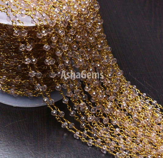 Beautiful Light Pink Quartz Hydro Faceted Rondelle Beads Rosary Chain,3-3.5mm Gold Plated Wire Wrap Beaded handmade Chain Jewelry Craft SALE