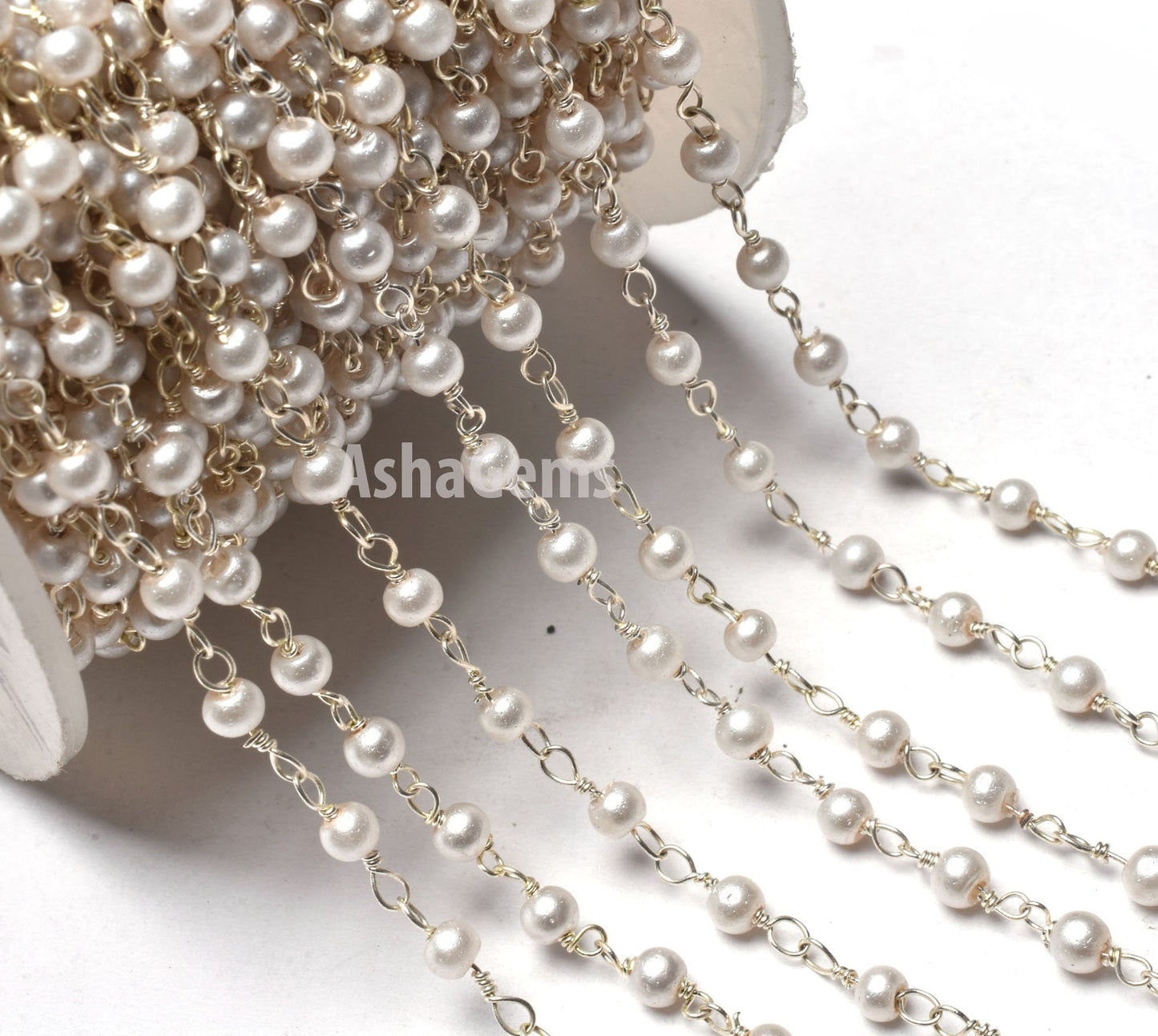 SALE 3,5,10,25 Ft White Pearl Hydro Faceted Rondelle Beaded Rosary Chain Silver Plated Wire,Jewelry Making Finding,Wire Wrapped Chain 3-3.5
