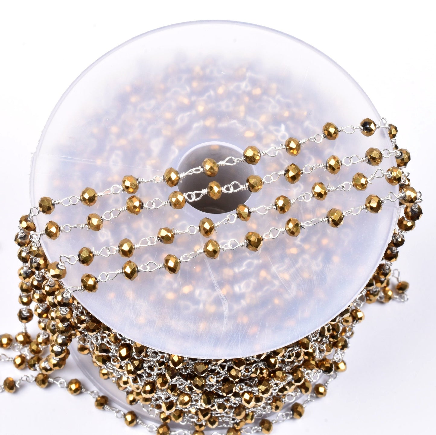 SALE 3,5,10,25Ft Golden Pyrite Hydro Faceted Rondelle Beaded Rosary Chain Silver Plated Wire,Jewelry Making Finding,Wire Wrapped Chain 3-3.5