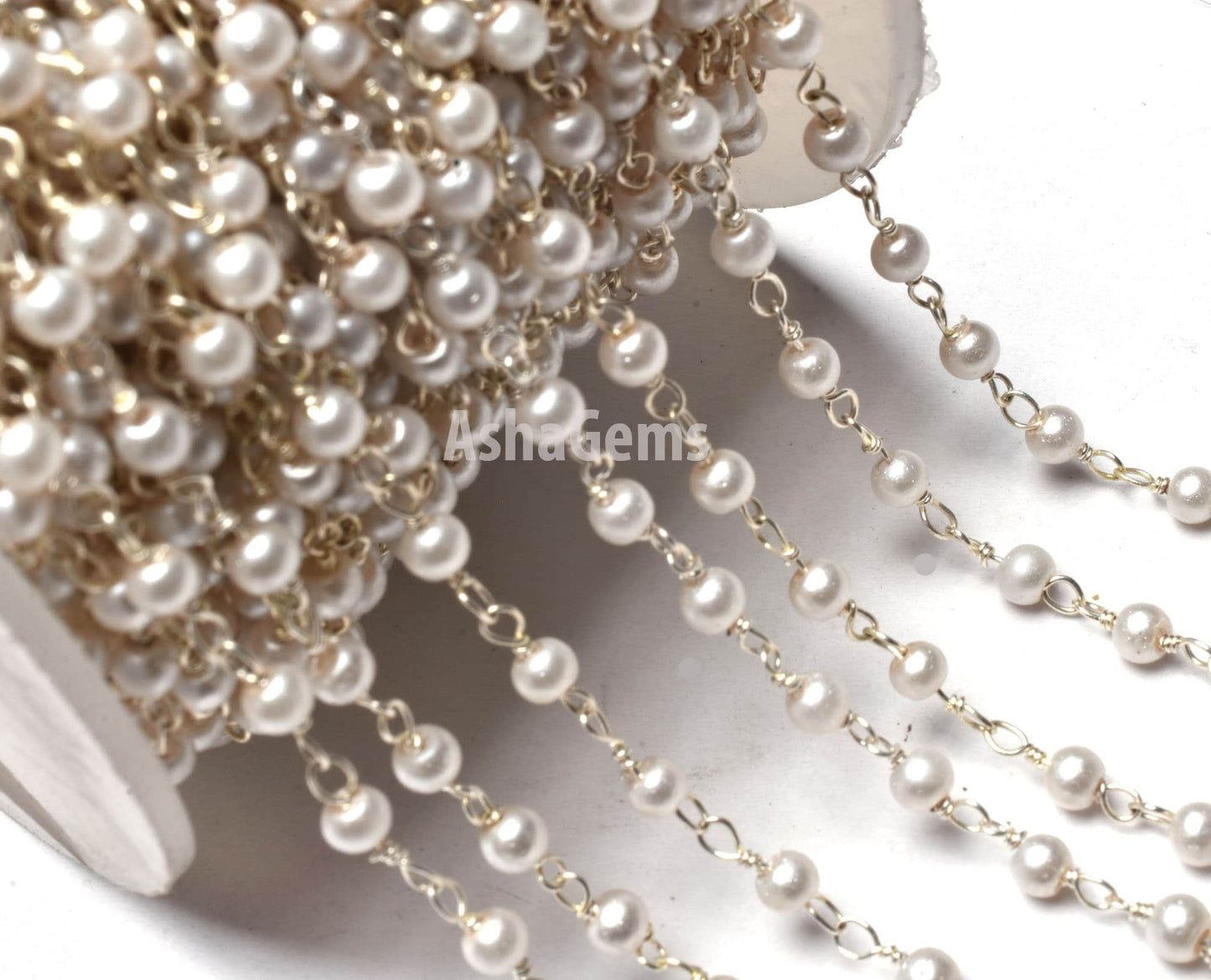 SALE 3,5,10,25 Ft White Pearl Hydro Faceted Rondelle Beaded Rosary Chain Silver Plated Wire,Jewelry Making Finding,Wire Wrapped Chain 3-3.5
