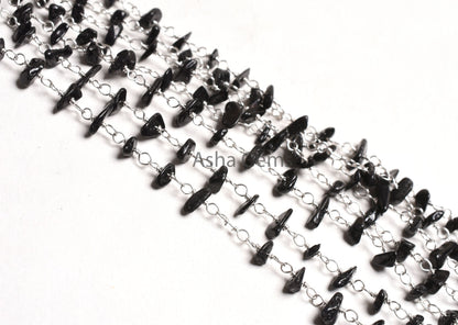 1,3,5,25 Foot, Natural Black Tourmaline uncut Chip Beads Rosary Chain Silver Plated wire Bulk Roll Tourmaline Beaded Rosary Chain For Crafts