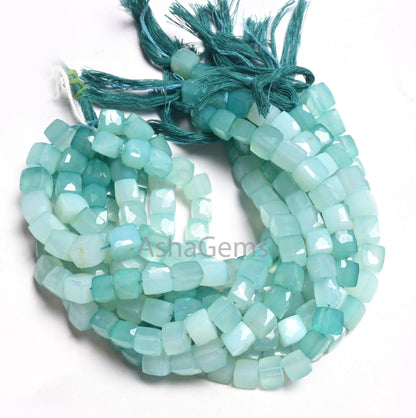 Beautiful Blue Chalcedony Faceted 3D Cube Box Gemstone Beads, Shaded Sky Blue Chalcedony Box Indian Cut Chalcedony Bead Jewelry making Craft
