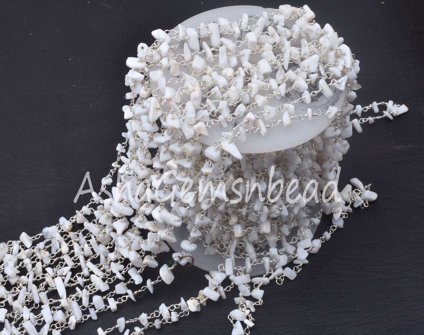 Natural White Opal Uncut Chip Beads Rosary Chain Silver Plated Wire Bulk roll Beaded Chain Gemstone Opal Smooth Nugget Chain Jewelry Crafts