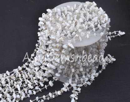 Natural White Opal Uncut Chip Beads Rosary Chain Silver Plated Wire Bulk roll Beaded Chain Gemstone Opal Smooth Nugget Chain Jewelry Crafts