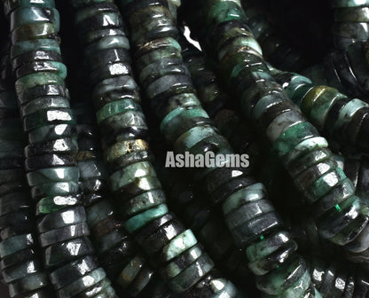 16" Strand Beautiful Emerald Smooth Heishi Tyre Beads/ Natural Shaded Green Emerald Plain Wheel Shape Beads, Emerald Beads For Jewelry craft