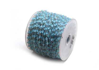 1,5,10,50Feet Chain Blue Milky Aqua Chalcedony Hydro Beads Rosary Chain Faceted Rondelle Silver Plated Wire Bulk Roll Findings Beaded Chains