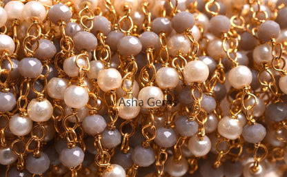 SALE Beautiful White Pearl, Grey moonstone Hydro Beads Rosary Chain, Faceted Rondelle Beaded Gold Plated, Wire Wrapped Jewelry Making Chain