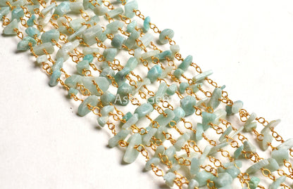 Natural Amazonite Uncut Chip Beads Rosary Chain By Foot Gold Plated Wire Wrap Nuggets Beaded handmade Chain Jewelry Necklace Making Crafts