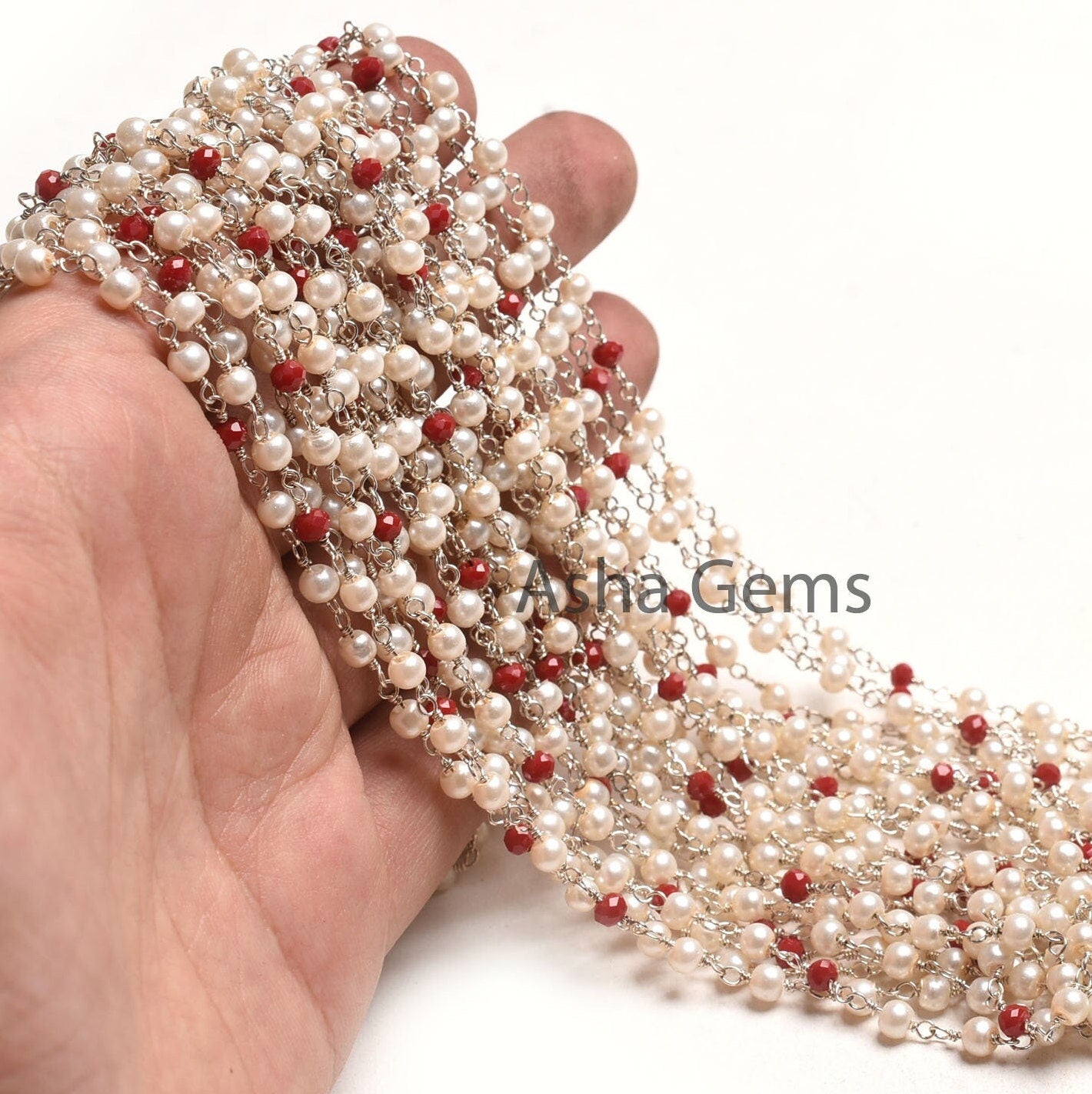 Pearl Red Ruby Hydro Rondelle Beads Rosary Chain, Silver Plated Wire Bulk Roll Multi Color Chain,3,10,50 Foot Chain For jewelry Making Craft