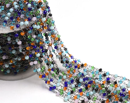 Fine Multi Disco Color Hydro Rondelle Faceted Beads Rosary Chain Black Plated Gunmetal Wire Beaded Handmade Chain Rosary Jewelry Making SALE