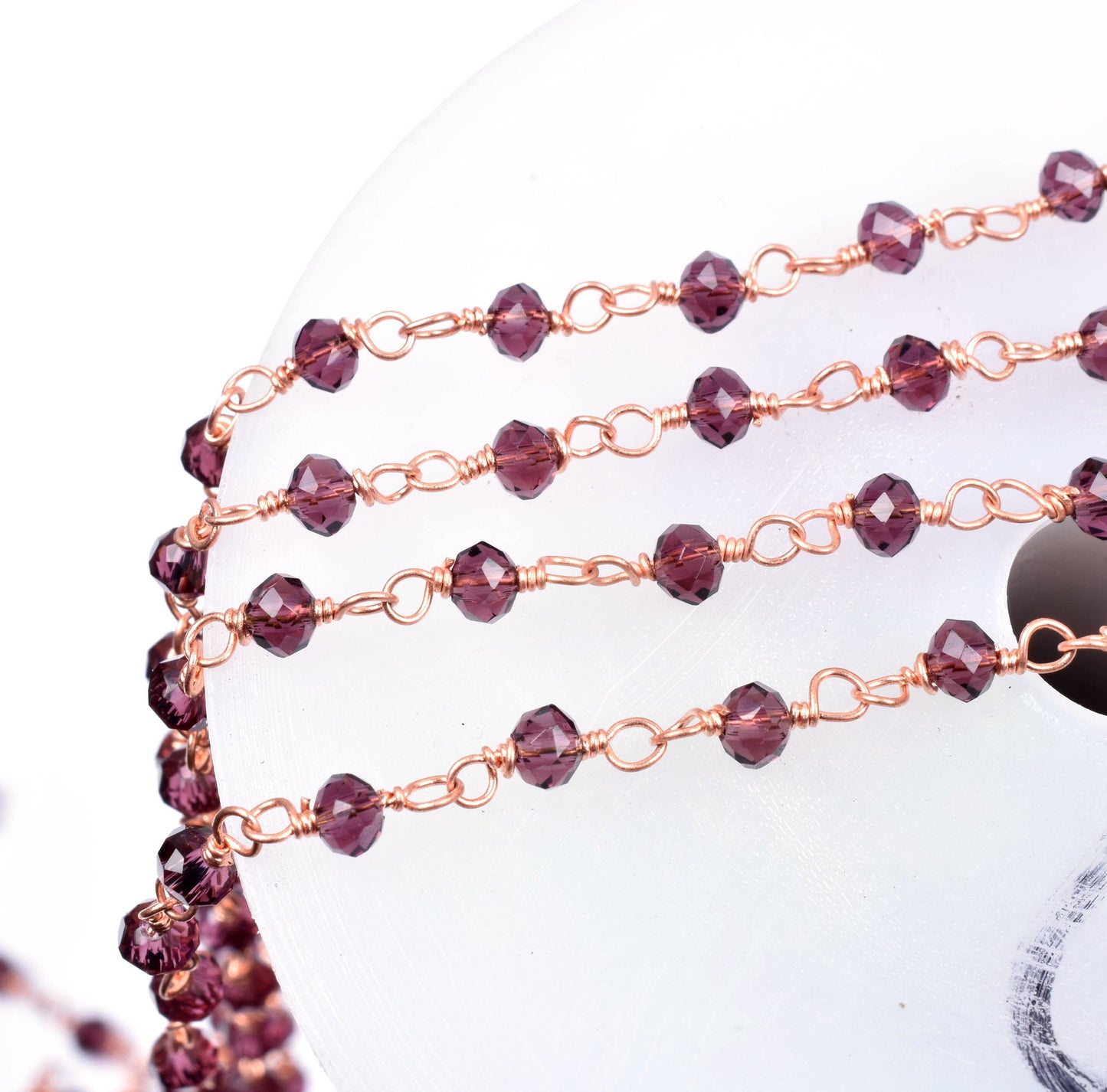 SALE 3,5,10,25 Ft Rhodolite Garnet Hydro Faceted Rondelle Beaded Rosary Chain Rose Gold Plated Wire,Jewelry Making Finding, Chain 3-3.5mm