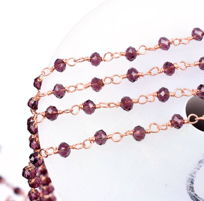 SALE 3,5,10,25 Ft Rhodolite Garnet Hydro Faceted Rondelle Beaded Rosary Chain Rose Gold Plated Wire,Jewelry Making Finding, Chain 3-3.5mm