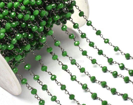 Beautiful Green Agate Hydro Rondelle Faceted Beads Rosary Chain Gunmetal Wire Wrap Black Plated Chain Jewelry Makin Handicraft Chain By Feet