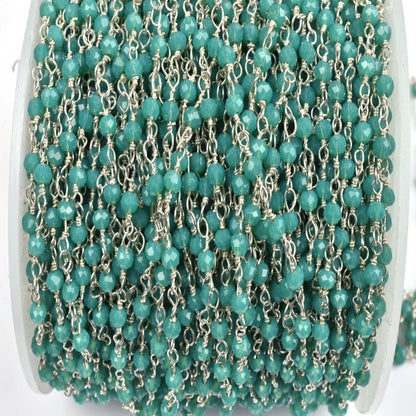 AAA Amazonite Hydro Faceted Rondelle Beads Rosary Chain, Silver, Gunmetal Plated Wire Wrap Beaded Handmade Chain Jewelry making Necklace 3mm