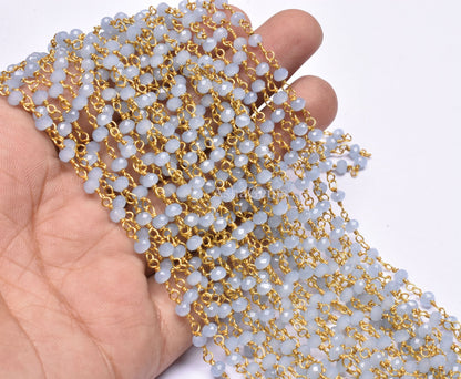 3,5,10 Feet,Aquamarine Hydro Faceted Rondelle Beaded Rosary Chain Gold Plated,Jewelry Making, Finding, Wire Wrapped Chain,3-3.5 mm