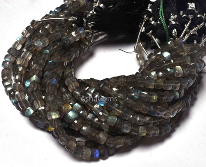 Natural Flash Labradorite Faceted 3D Cube Box Beads,7" Strand Blue Fire Labradorite Cube Beads 4.5-5 mm Black rainbow Box Beads Jewelry SALE