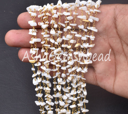 Natural White Opal Uncut Chip Beads Rosary Chain Gold Plated Wire Wrap Opal Gemstone Beaded Chain Handmade Rosary Necklace making Jewellrey