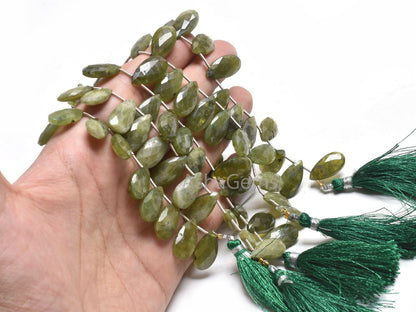 Natural Green Vessonite Fancy Long Pears Beads,9-18 mm Vessonite Faceted Teardrop Side Drill Gemstone Beads Vesuvianite Beads Jewelry Making