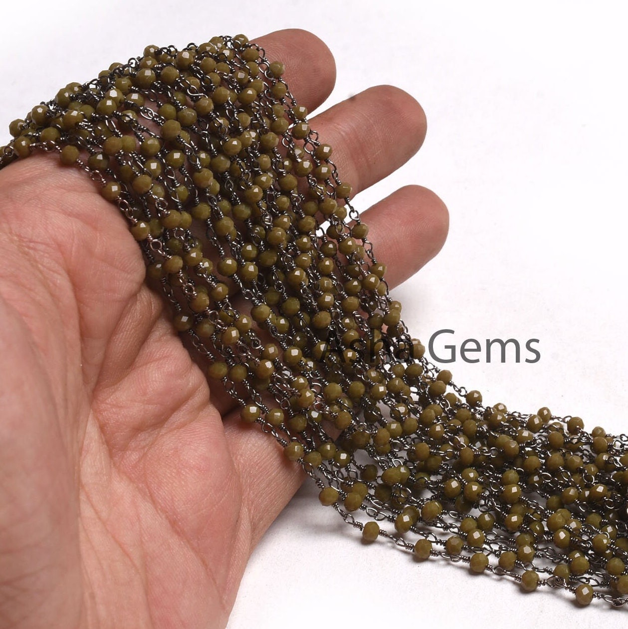 3,10,50 feet Hina Green Jaspar Hydro Rondelle Faceted Beads Rosary Chain Black Wire Jewelry Making Gunmetal Chain 3-3.5 mm Bulk Roll Chains