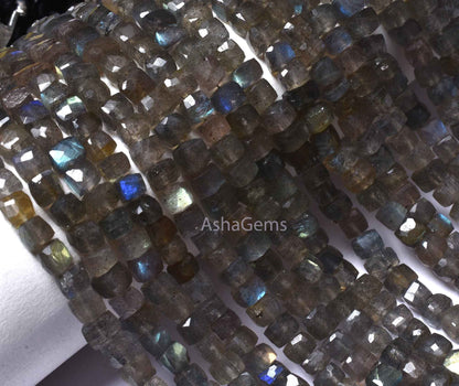 7" Strand labradorite Box Shape Beads, Natural Fire Labradorite Faceted 3D Cube Box Beads,4.5-5mm Black Rainbow cube Beads For Jewelry Craft