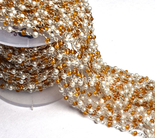Beautiful White Pearl Brown Quartz Hydro Beads Rosary Chain,3mm Silver Plated Wire Wrap Beaded Handmade Rosary Chain Jewelry Handicraft SALE