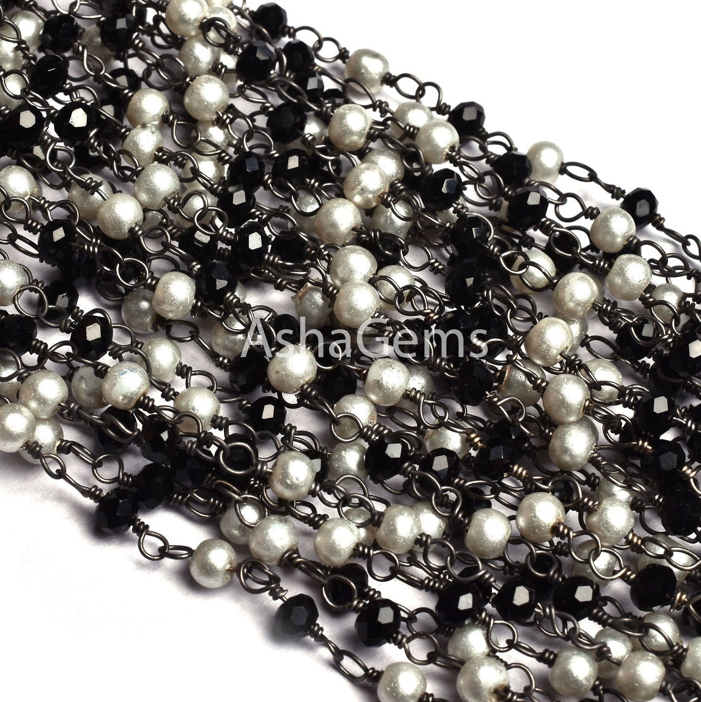 1,5,10,25 feet Beautiful Pearl, Black Spinel Hydro Beads Rosary Chain, Black Metal Plated Multi Color Rondelle Beaded Gunmetal Chain Jewelry