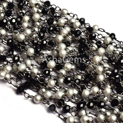 1,5,10,25 feet Beautiful Pearl, Black Spinel Hydro Beads Rosary Chain, Black Metal Plated Multi Color Rondelle Beaded Gunmetal Chain Jewelry
