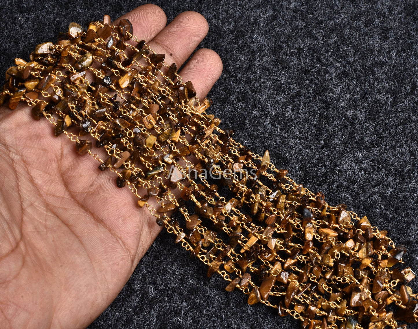 Natural Tiger Eye Uncut Chip Beads Rosary Chain Gold Plated Wire Wrap Handmade Chip Beaded Gemstone Nugget Chain for Jewelry Making Necklace