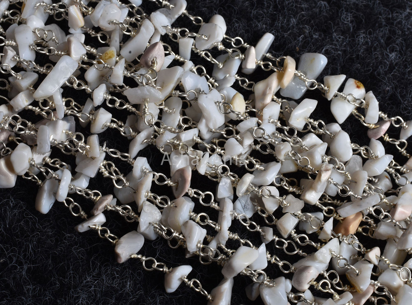 Natural White Opal Uncut Chip Beads Rosary Chain Silver Plated Wire Bulk roll Beaded Chain Gemstone Opal Smooth Nugget Chain Jewelry Crafts