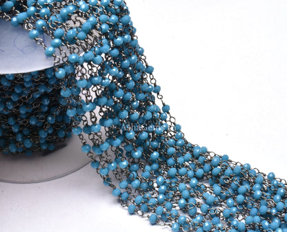 Chain Beautiful Blue Turquoise Hydro Rondelle Faceted Beads Rosary Chain,3 mm Black Plated Gunmetal Wire Jewelry Making Bulk Roll Chain Bead