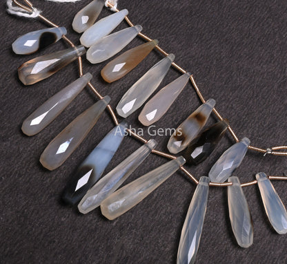 Bio Chalcedony Fancy Long Drop Faceted Gemstone Beads, Shaded White Brown Bio Chalcedony Pencil Teardrop Gemstone Beads Jewelry Making Craft