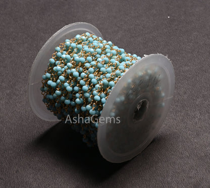 3,5,10,25 Ft,Blue Turquoise Hydro Rondelle Faceted Beaded Rosary Chain Gold Plated Wire,Jewelry Making,Finding,Size 3-3.5 mm,Bulk Roll Wire