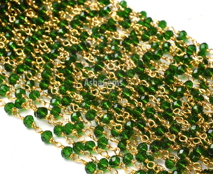 Green Chrome Diopside Hydro Faceted Rondelle Beads Rosary Chain Silver, Gold Plated Wire Wrap Jewelry Making Craft Beaded Rosary Chains SALE