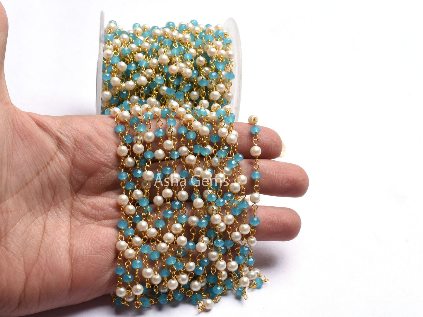 Beautiful Pearl, Blue Chalcedony Hydro Beads Rosary Chain,4 mm Multi Color Rondelle Gold Plated Wire Wrap Bulk Handmade Chain Jewelry Making