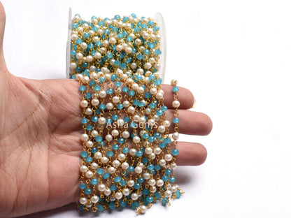 Beautiful Pearl, Blue Chalcedony Hydro Beads Rosary Chain,4 mm Multi Color Rondelle Gold Plated Wire Wrap Bulk Handmade Chain Jewelry Making