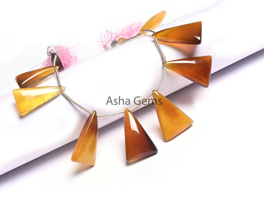 Multi Yellow Chalcedony Fancy Long Triangle Smooth Beads, Shaded Yellow Chalcedony Plain Handmade Trillion Gemstone Side Drill Beads Jewelry