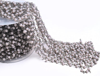 AAA Grey Moonstone Hydro Faceted Beads Rosary Chain By Feet,3 mm Black Plated Gunmetal Wire Wrap Rondelle Beaded Chain Jewelry making Crafts