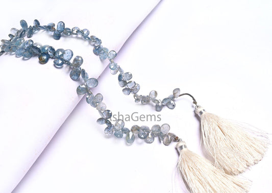 Beautiful Moss Aquamarine Faceted Pear Shape Gemstone beads,8" Natural Blue Aquamarine Side Drill Teardrop Briolette Moss Aqua Beads Jewelry (AG 18627)