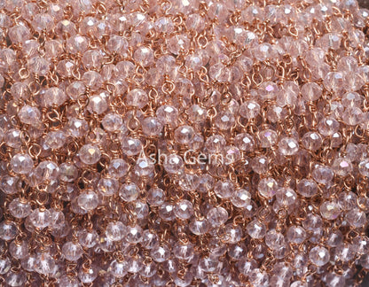 Beautiful Pink Rose Quartz Hydro Faceted Beads Rosary Chain Rose Gold Plated Copper Wire Wrap Beaded Rondelle Chain Rosary Jewelry Craft 3mm