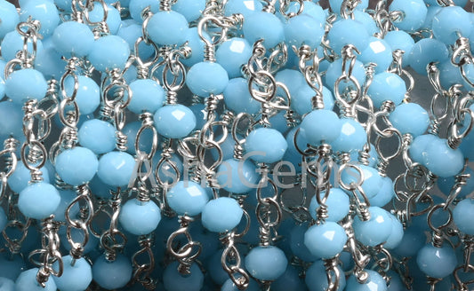 3,5,10,25 Ft, Blue Turquoise Hydro Faceted Rondelle Bead Rosary Chain Silver Plated Wire,Jewelry Making Finding,3-3.5 mm, Bulk Chain Rosary