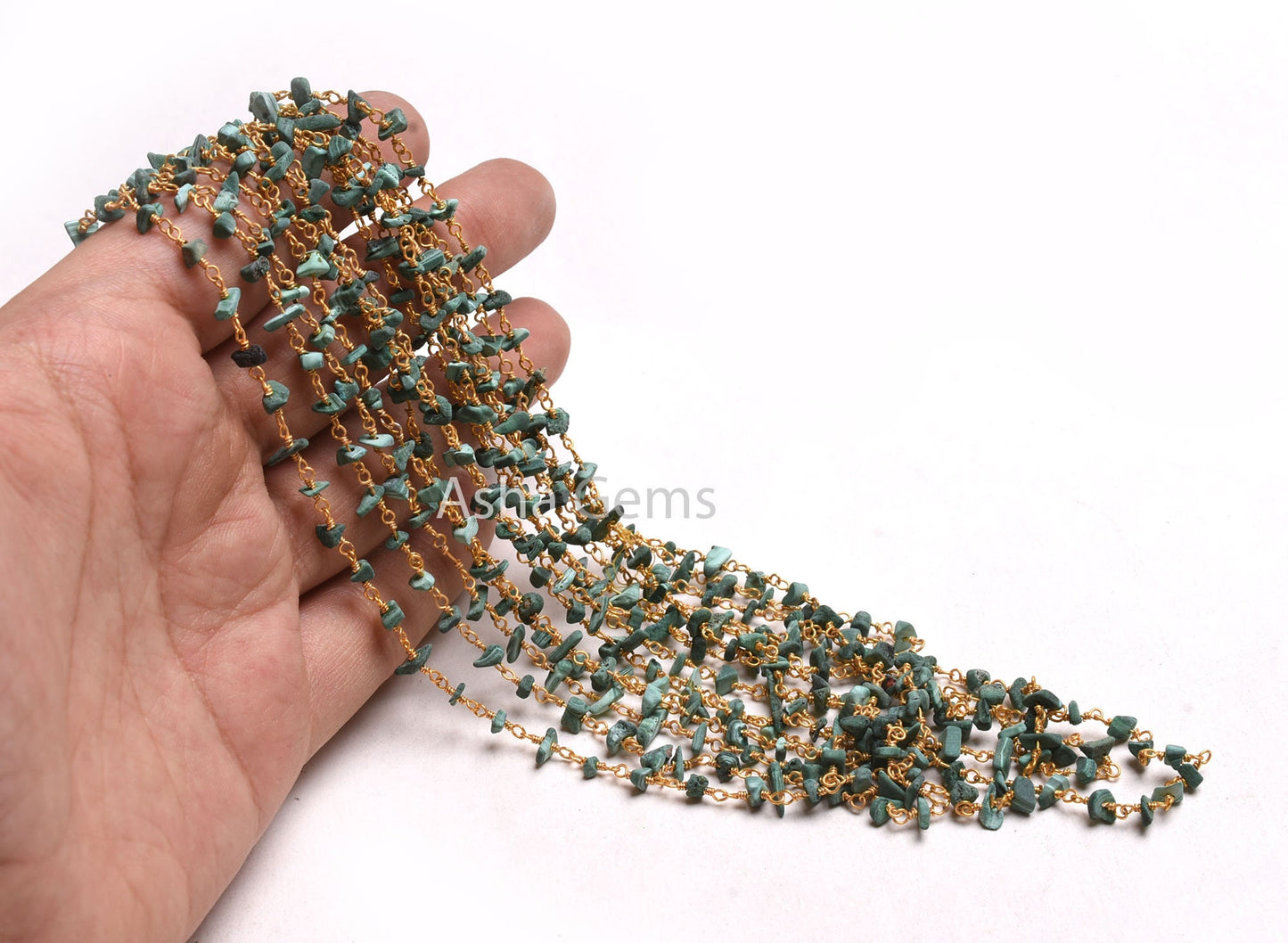 Natural Green Malachite Uncut Chip Beads Rosary Chain Silver, Gold Plated Wire Wrap Beaded Gemstone handmade chain Rosary Jewelry Craft SALE