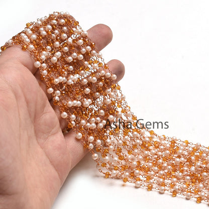 Fine White Pearl citrine Quartz Hydro Faceted Rondelle Beads Rosary Chain Rose Gold plated Wire Wrap Roll Beaded Chain Jewelry Making Crafts