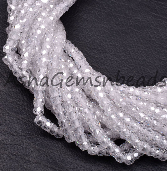 Beautiful Crystal Quartz Color Zircon Micro Cut Beads,15" Strand White Zircon Faceted Roundelle Beads,3mm AAA Clear Cubic Zircon Beads SALE