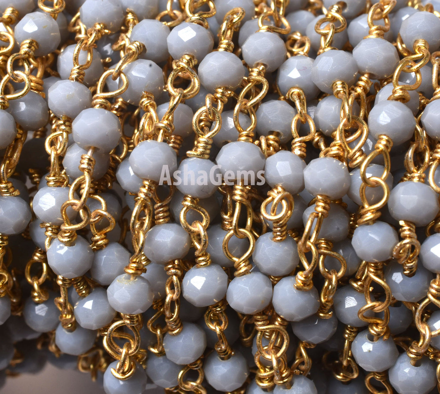 Grey Moonstone Hydro Beads Rosary Chain, Gold Plated Wire Wrap Jewelry Making Chain,3 mm Faceted Beads Chain Bulk Jewelry Making Craft SALE