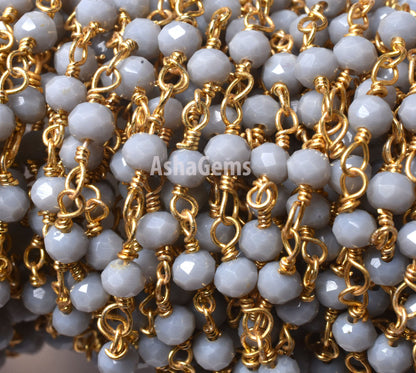 Grey Moonstone Hydro Beads Rosary Chain, Gold Plated Wire Wrap Jewelry Making Chain,3 mm Faceted Beads Chain Bulk Jewelry Making Craft SALE